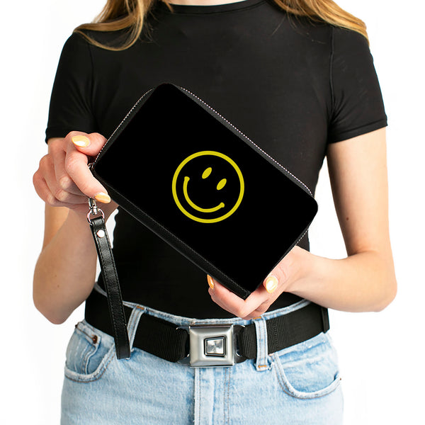 Buckle-Down PU Zip Around Wallet Rectangle - Smiley Face Black/Yellow