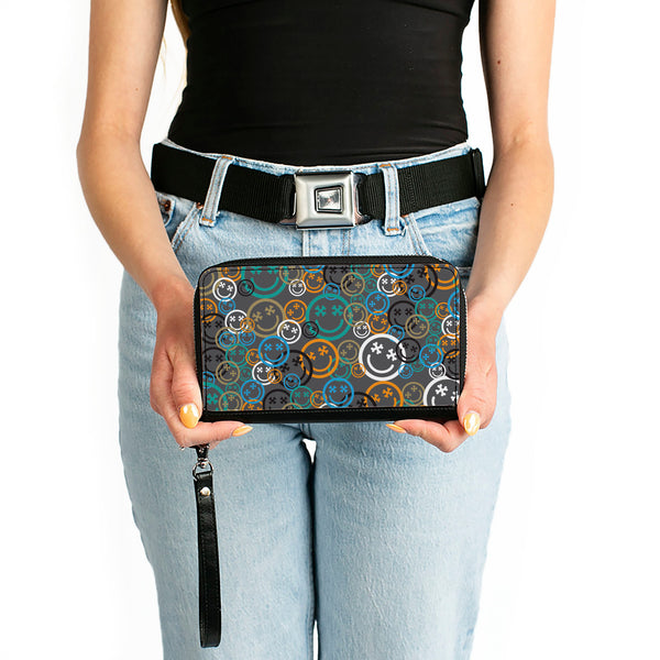 Buckle-Down PU Zip Around Wallet Rectangle - Smiley Face Crossbones Stacked Gray/Multi Color