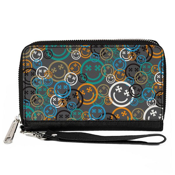 Buckle-Down PU Zip Around Wallet Rectangle - Smiley Face Crossbones Stacked Gray/Multi Color
