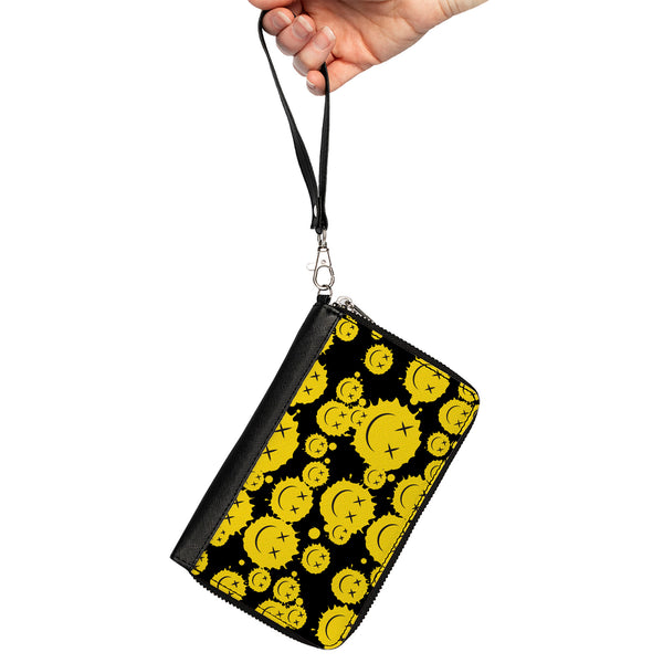 Buckle-Down PU Zip Around Wallet Rectangle - Smiley Face Splatter Scattered Black/Yellow