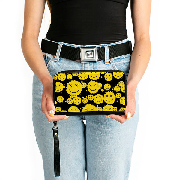 Buckle-Down PU Zip Around Wallet Rectangle - Smiley Face Splatter Scattered Black/Yellow