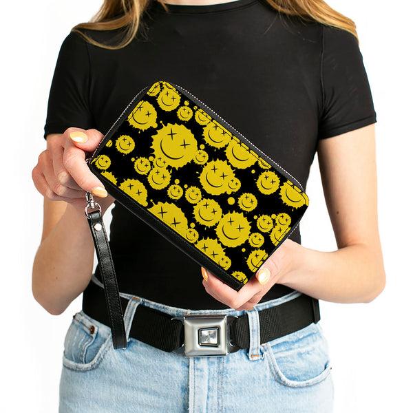 Buckle-Down PU Zip Around Wallet Rectangle - Smiley Face Splatter Scattered Black/Yellow