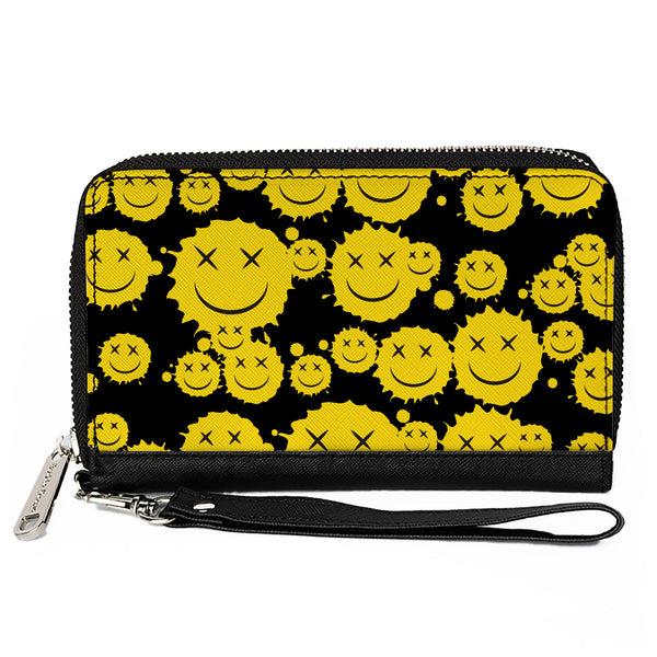 Buckle-Down PU Zip Around Wallet Rectangle - Smiley Face Splatter Scattered Black/Yellow
