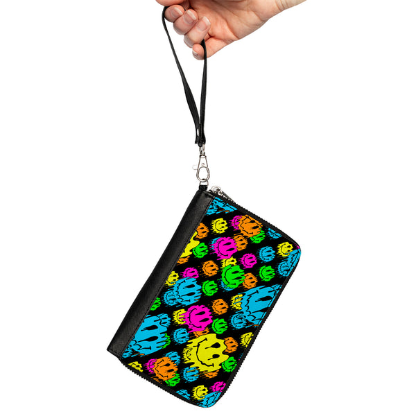 Buckle-Down PU Zip Around Wallet Rectangle - Smiley Faces Melted Stacked Black Multi Neon
