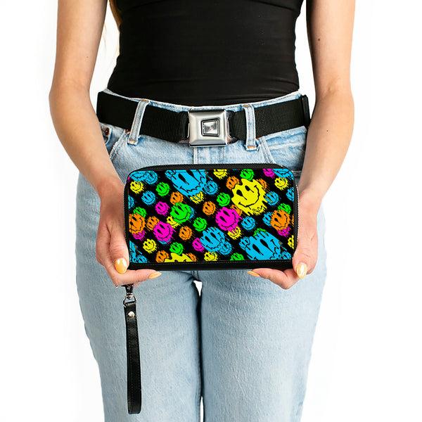 Buckle-Down PU Zip Around Wallet Rectangle - Smiley Faces Melted Stacked Black Multi Neon
