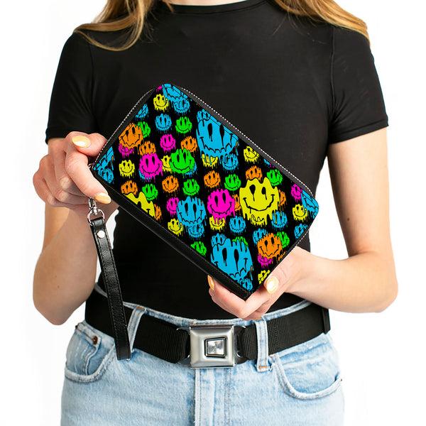 Buckle-Down PU Zip Around Wallet Rectangle - Smiley Faces Melted Stacked Black Multi Neon