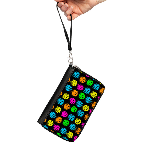 Buckle-Down PU Zip Around Wallet Rectangle - Smiley Faces Melted Mini Repeat Black Multi Neon