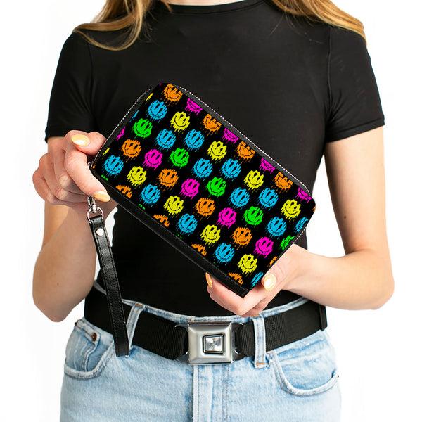 Buckle-Down PU Zip Around Wallet Rectangle - Smiley Faces Melted Mini Repeat Black Multi Neon