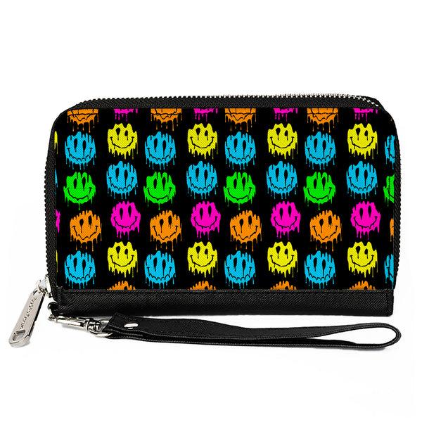 Buckle-Down PU Zip Around Wallet Rectangle - Smiley Faces Melted Mini Repeat Black Multi Neon