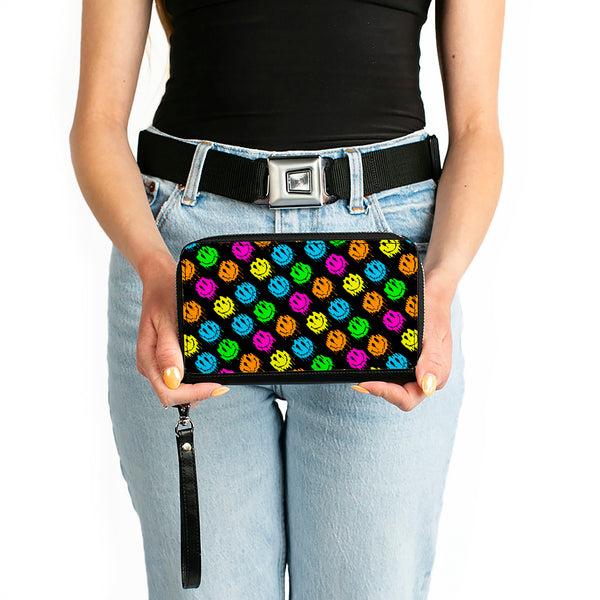 Buckle-Down PU Zip Around Wallet Rectangle - Smiley Faces Melted Mini Repeat Angle Black Multi Neon