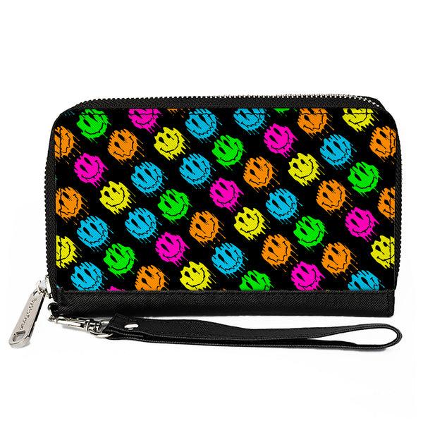 Buckle-Down PU Zip Around Wallet Rectangle - Smiley Faces Melted Mini Repeat Angle Black Multi Neon