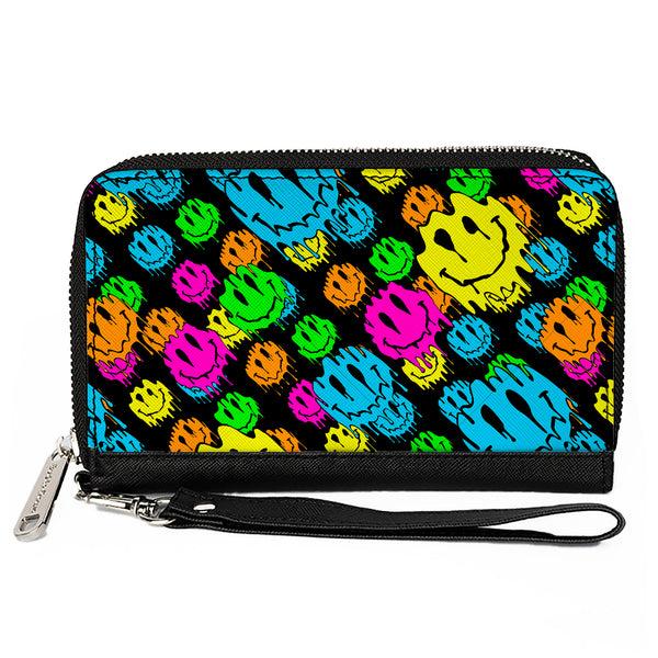 Buckle-Down PU Zip Around Wallet Rectangle - Smiley Faces Melted Stacked Black Multi Neon