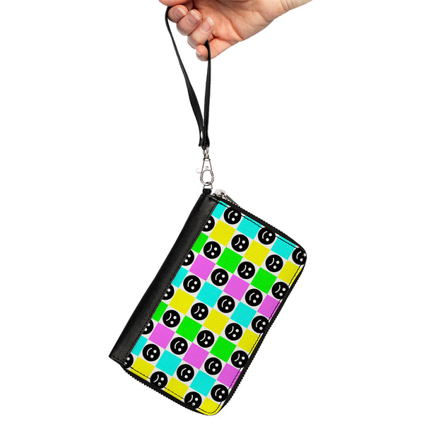 Buckle-Down PU Zip Around Wallet Rectangle - Smiley Sad Face Checker Multi Color/White
