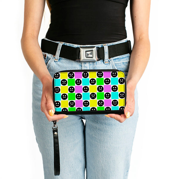 Buckle-Down PU Zip Around Wallet Rectangle - Smiley Sad Face Checker Multi Color/White