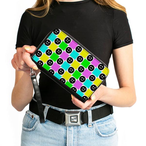 Buckle-Down PU Zip Around Wallet Rectangle - Smiley Sad Face Checker Multi Color/White