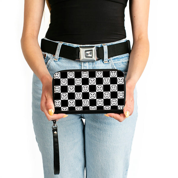 Buckle-Down PU Zip Around Wallet Rectangle - Smiley Sad Face Checker Black/White