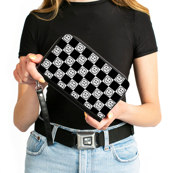 Buckle-Down PU Zip Around Wallet Rectangle - Smiley Sad Face Checker Black/White