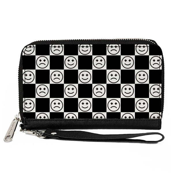 Buckle-Down PU Zip Around Wallet Rectangle - Smiley Sad Face Checker Black/White