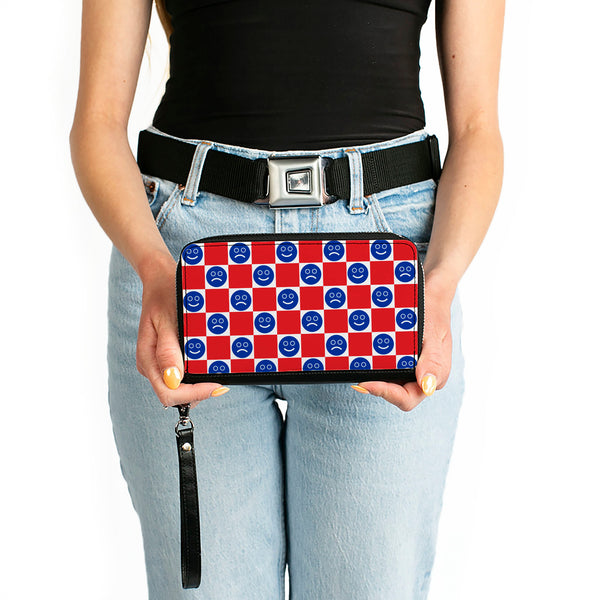 Buckle-Down PU Zip Around Wallet Rectangle - Smiley Sad Face Checker Red/White/Blue