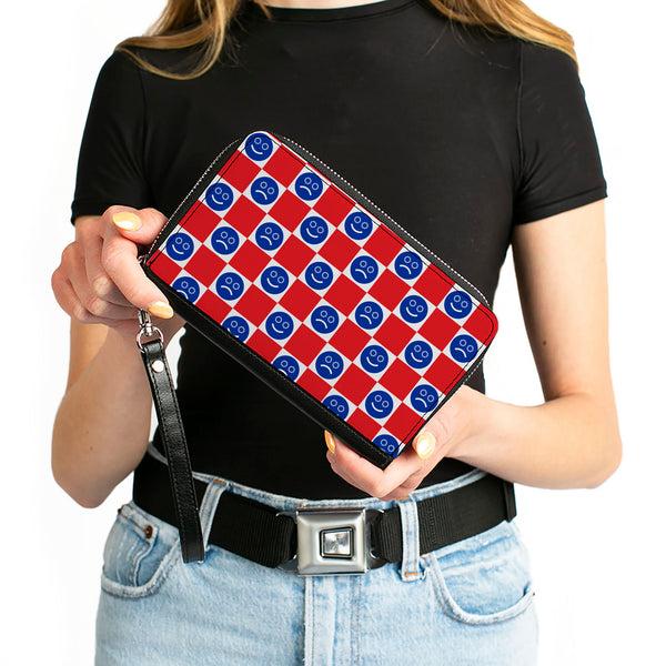 Buckle-Down PU Zip Around Wallet Rectangle - Smiley Sad Face Checker Red/White/Blue