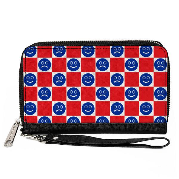 Buckle-Down PU Zip Around Wallet Rectangle - Smiley Sad Face Checker Red/White/Blue