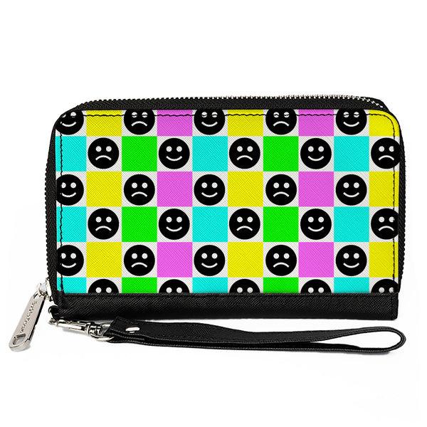 Buckle-Down PU Zip Around Wallet Rectangle - Smiley Sad Face Checker Multi Color/White