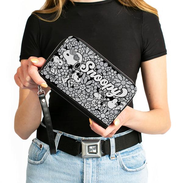 Buckle-Down PU Zip Around Wallet Rectangle - Snoopy Poses And Daisy Flowers Collage Black/Grays/White