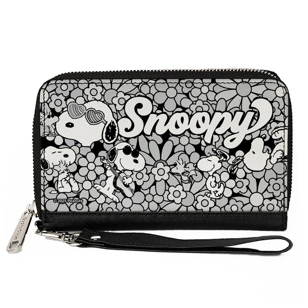 Buckle-Down PU Zip Around Wallet Rectangle - Snoopy Poses and Daisy Flowers Collage Black/Grays/White