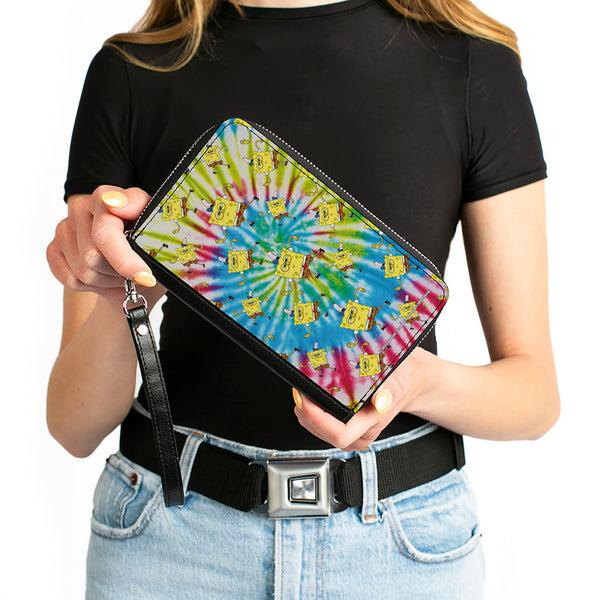 Buckle-Down PU Zip Around Wallet Rectangle - SpongeBob Dancing Pose Scattered Tie Dye Multi Color
