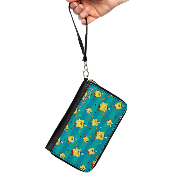 Buckle-Down PU Zip Around Wallet Rectangle - SpongeBob Dancing Pose Scattered Stripe Teal Blues