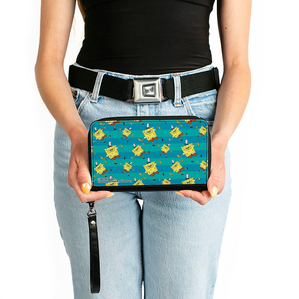 Buckle-Down PU Zip Around Wallet Rectangle - SpongeBob Dancing Pose Scattered Stripe Teal Blues