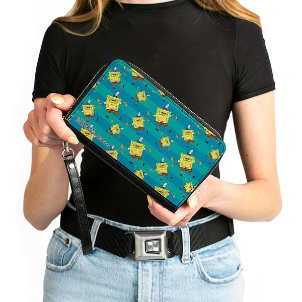 Buckle-Down PU Zip Around Wallet Rectangle - SpongeBob Dancing Pose Scattered Stripe Teal Blues