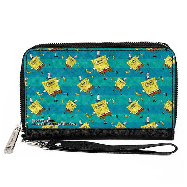 Buckle-Down PU Zip Around Wallet Rectangle - SpongeBob Dancing Pose Scattered Stripe Teal Blues