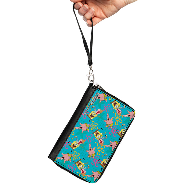 Buckle-Down PU Zip Around Wallet Rectangle - SpongeBob Patrick And Gary Joy Poses And Flowers Scattered Blue