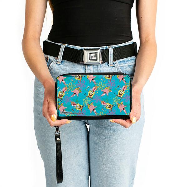Buckle-Down PU Zip Around Wallet Rectangle - SpongeBob Patrick And Gary Joy Poses And Flowers Scattered Blue