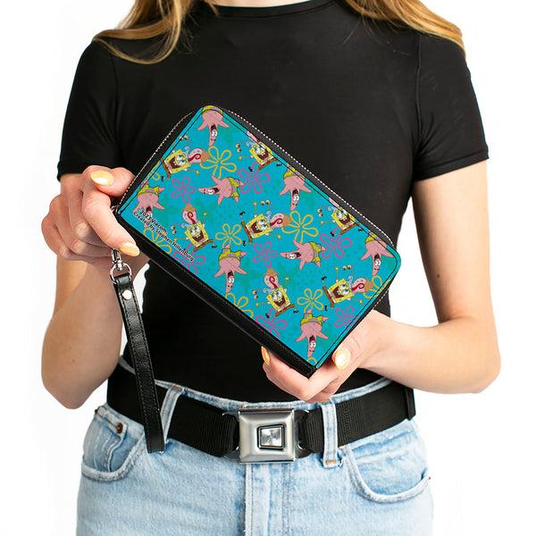 Buckle-Down PU Zip Around Wallet Rectangle - SpongeBob Patrick And Gary Joy Poses And Flowers Scattered Blue