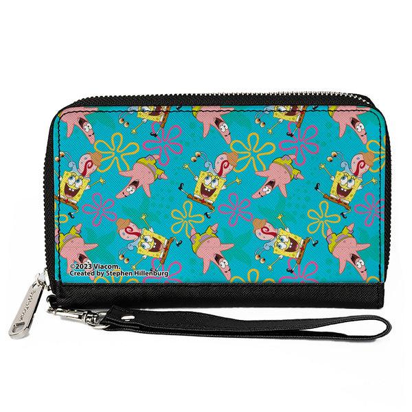 Buckle-Down PU Zip Around Wallet Rectangle - SpongeBob Patrick and Gary Joy Poses and Flowers Scattered Blue