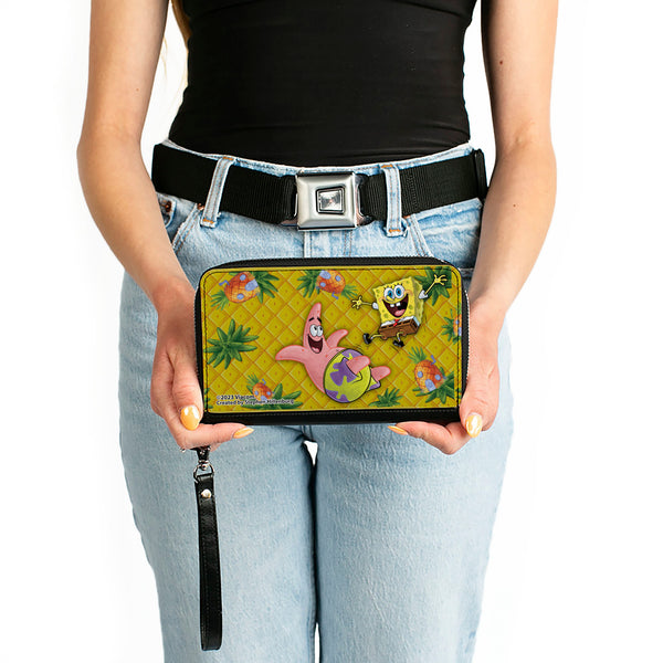 Buckle-Down PU Zip Around Wallet Rectangle - SpongeBob SquarePants & Patrick Star Pose Pineapple Gold