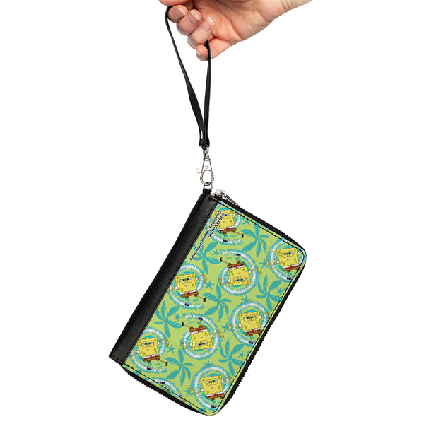 Buckle-Down PU Zip Around Wallet Rectangle - SpongeBob Wavy Noodle Arm Pose Tropical Tie Dye Green/Blue/White