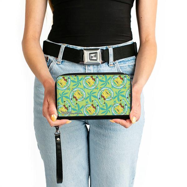 Buckle-Down PU Zip Around Wallet Rectangle - SpongeBob Wavy Noodle Arm Pose Tropical Tie Dye Green/Blue/White