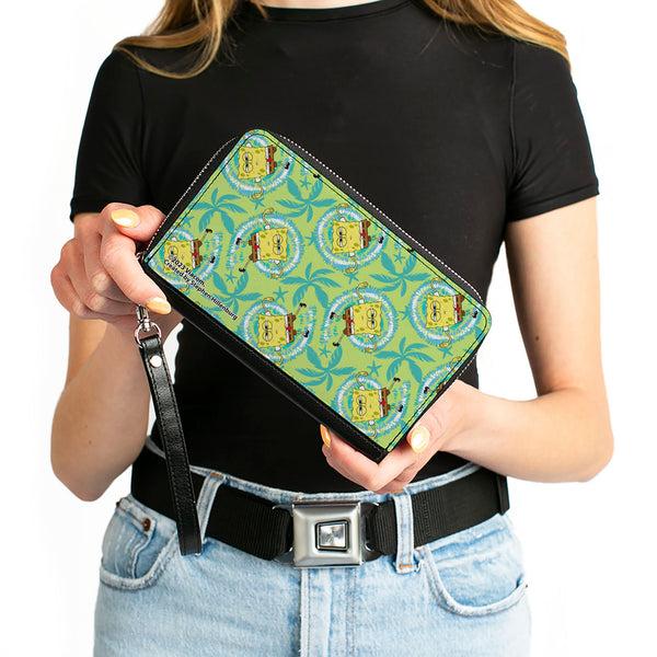 Buckle-Down PU Zip Around Wallet Rectangle - SpongeBob Wavy Noodle Arm Pose Tropical Tie Dye Green/Blue/White