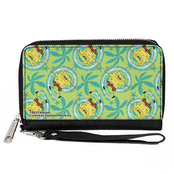 Buckle-Down PU Zip Around Wallet Rectangle - SpongeBob Wavy Noodle Arm Pose Tropical Tie Dye Green/Blue/White