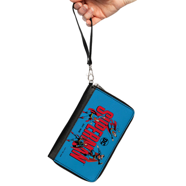 Buckle-Down PU Zip Around Wallet Rectangle - SUPERMAN EST 1938 Action Poses And Text Blue/Red