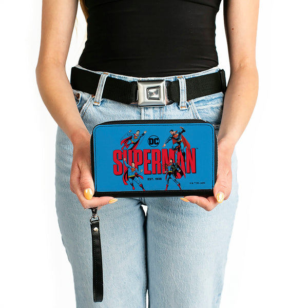 Buckle-Down PU Zip Around Wallet Rectangle - SUPERMAN EST 1938 Action Poses And Text Blue/Red