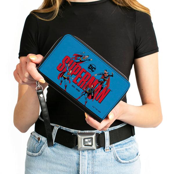Buckle-Down PU Zip Around Wallet Rectangle - SUPERMAN EST 1938 Action Poses And Text Blue/Red