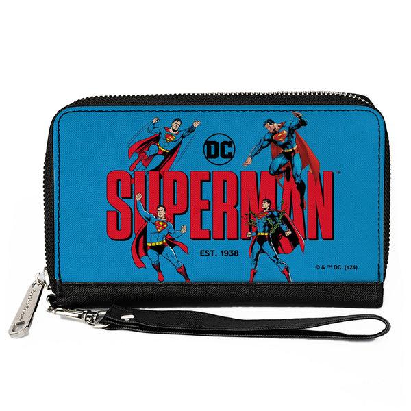 Buckle-Down PU Zip Around Wallet Rectangle - SUPERMAN EST 1938 Action Poses and Text Blue/Red
