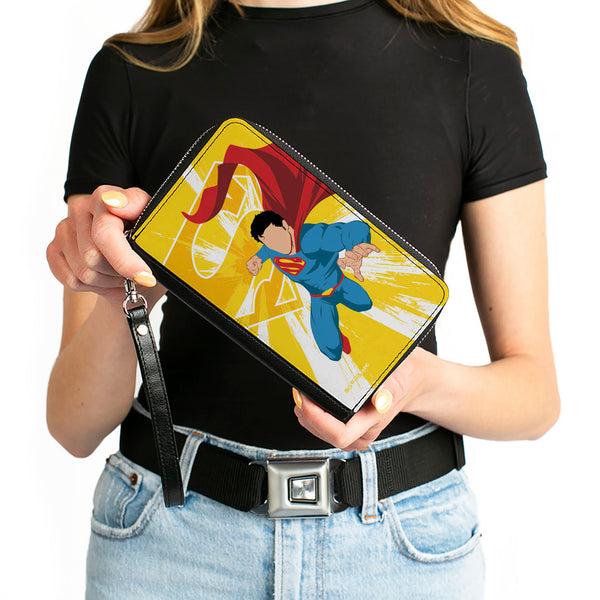 Buckle-Down PU Zip Around Wallet Rectangle - Superman No Face Pose And Shield Logo Rays Yellows
