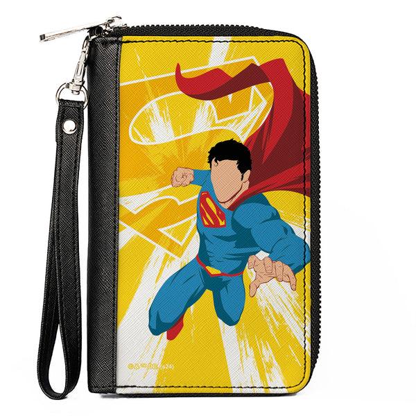 Buckle-Down PU Zip Around Wallet Rectangle - Superman No Face Pose and Shield Logo Rays Yellows