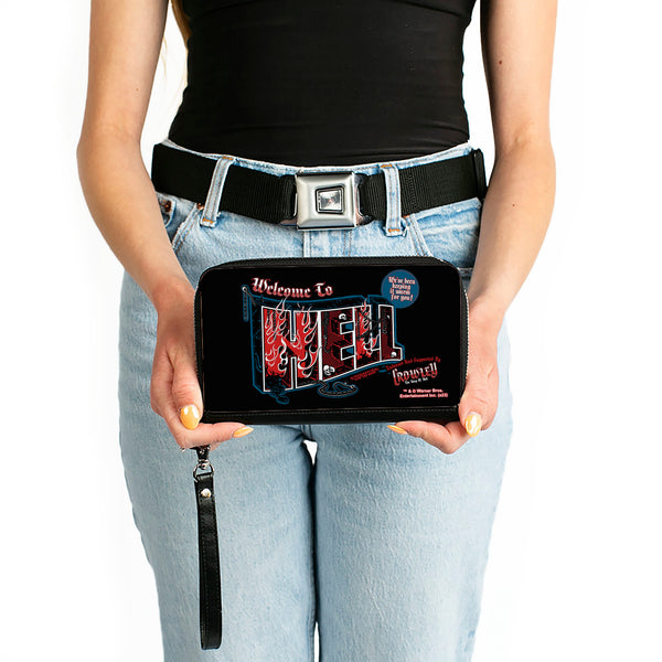 Buckle-Down PU Zip Around Wallet Rectangle - Supernatural Crowley WELCOME TO HELL Flames Skulls And Chains Black/Blue/Red/White