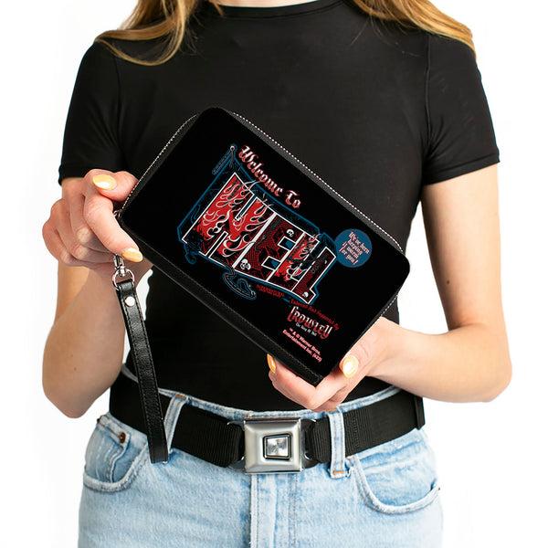 Buckle-Down PU Zip Around Wallet Rectangle - Supernatural Crowley WELCOME TO HELL Flames Skulls And Chains Black/Blue/Red/White